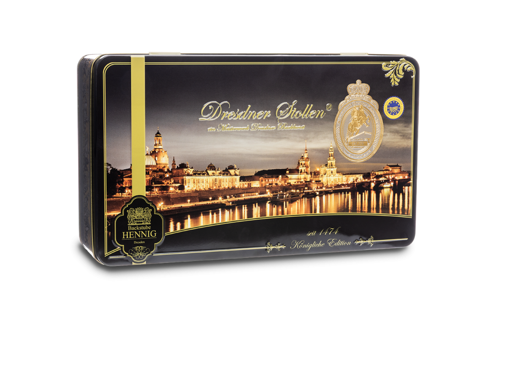 750g Original Dresdner Christstollen ® in Geschenkdose "Königliche Edition" 750g Original Dresdner Christstollen ® in Geschenkdose "Königliche Edition"