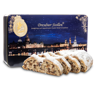 Dresdner Christstollen in blauer Geschenkdose