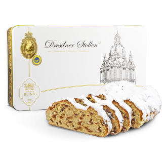 750g Original Dresdner Christstollen ® in Geschenkdose "Frauenkirche" - Frontansicht der Geschenkedose