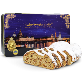 Dresdner Christstollen in schwarzer Geschenkdose