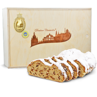 750g Original Dresdner Christstollen ® in Holzkiste - Frontansicht