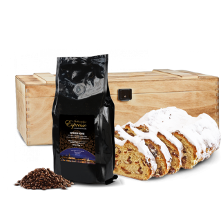 500g Dresdner Stollen® in Premium-Holztruhe mit 250g Kaffee Espresso, ganze Bohne 500g Dresdner Stollen® in Premium-Holztruhe mit 250g Kaffee Espresso, ganze Bohne