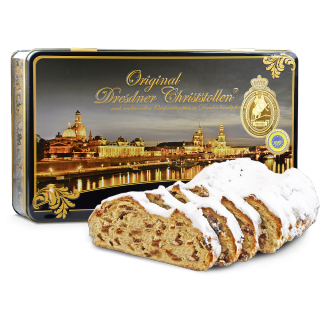 750g Original Dresdner Christstollen ® in Geschenkdose "Premium" - Frontansicht der Geschenkedose