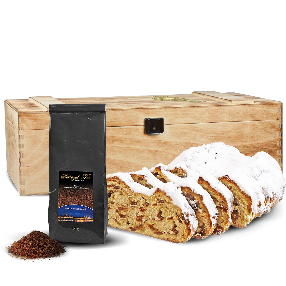 500g Dresdner Stollen® in PremiumHolztruhe mit 100g Stollentee