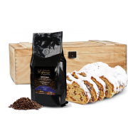 500g Dresdner Stollen® in Premium-Holztruhe mit 250g Kaffee Espresso, ganze Bohne
